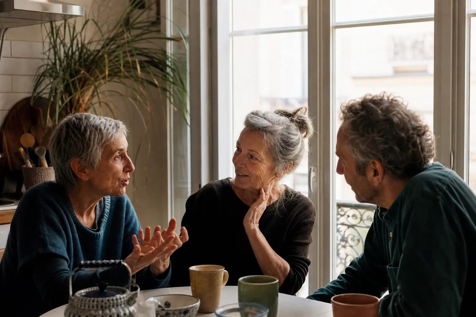 Trois personnes de générations différentes discutent autour d’une table de cuisine lumineuse.